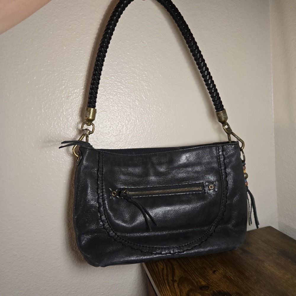 The Sak Indio Leather Hobo Shoulder Bag‎ Womens Medium Black Braided Boho Zip